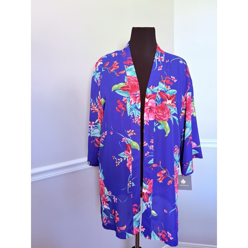 Fortune + Ivy Kimono Size L Multicolor Floral Slit Open Longline Topper Cover Up